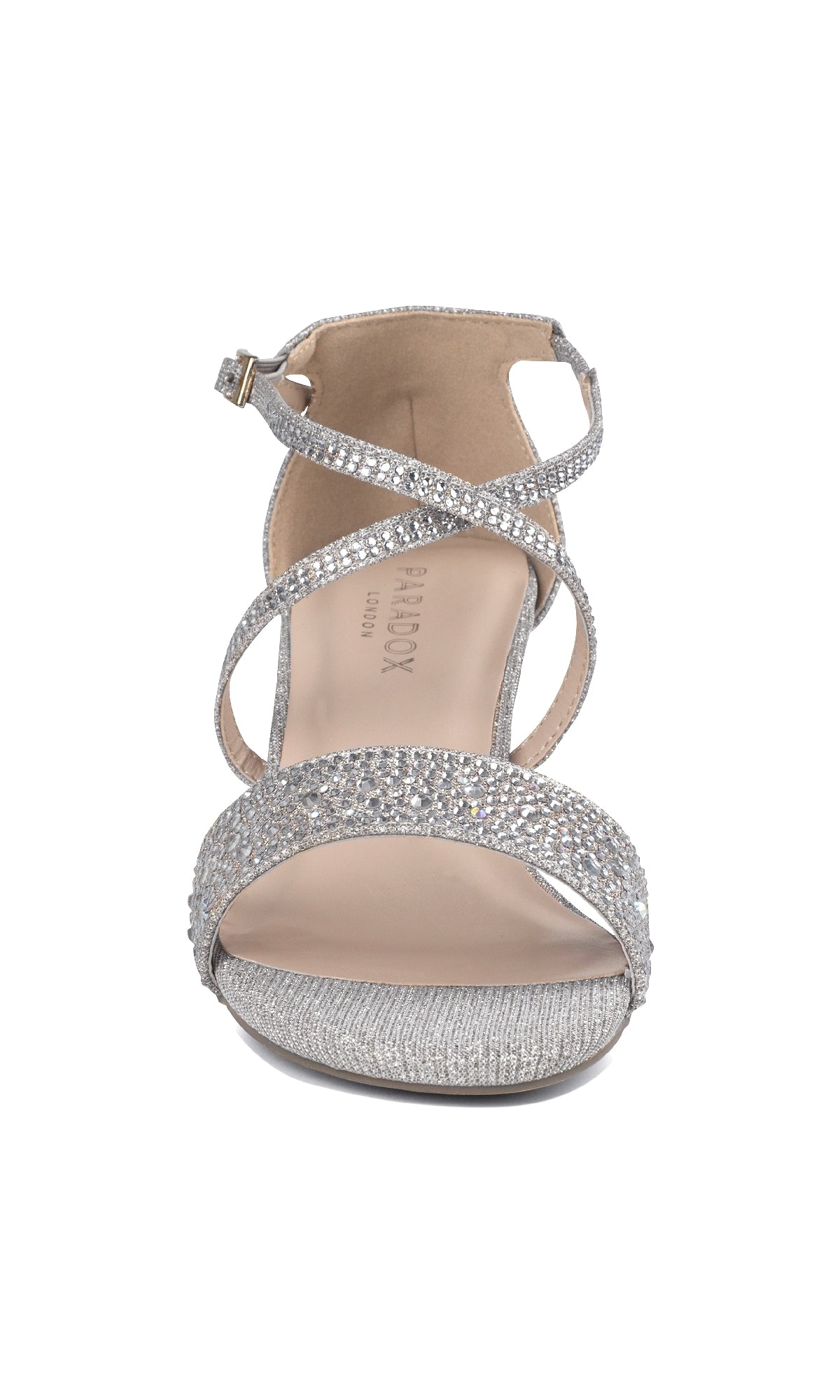 Front view of Ines Silver Prom Shoes by Paradox London (P2211): a silver, open-toe high heel sandal with crisscross straps, rhinestone details, and an elegant ankle strap—ideal for prom.